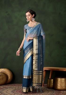 Blue Organza Poly Blend Sarees