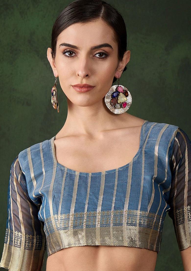 Blue Organza Poly Blend Sarees