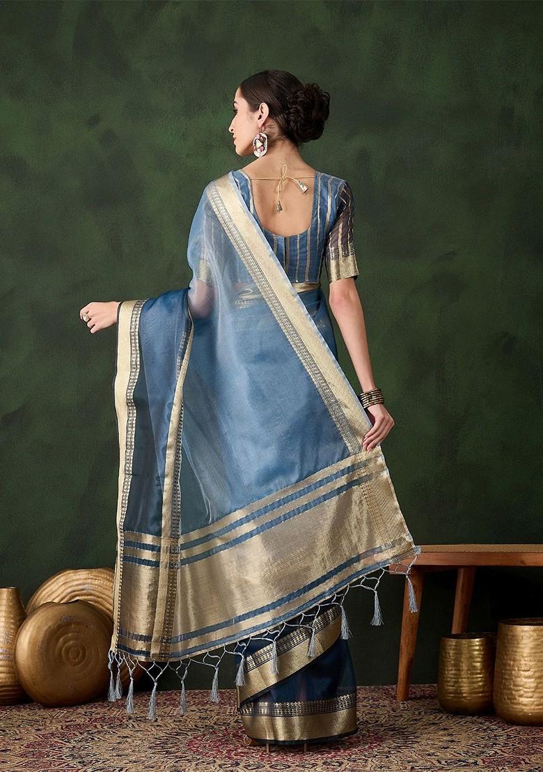 Blue Organza Poly Blend Sarees