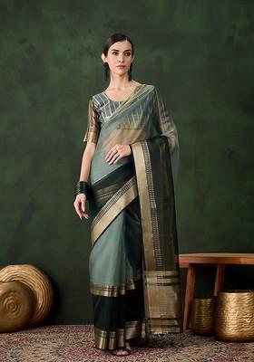 Green Organza Poly Blend Sarees