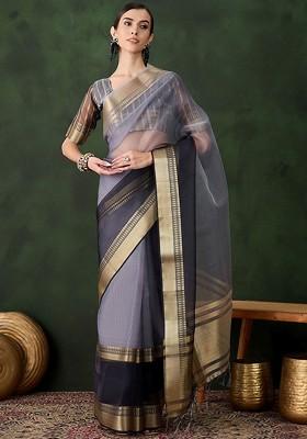 Grey Organza Poly Blend Sarees