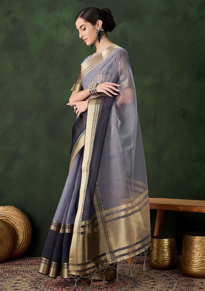 Grey Organza Poly Blend Sarees