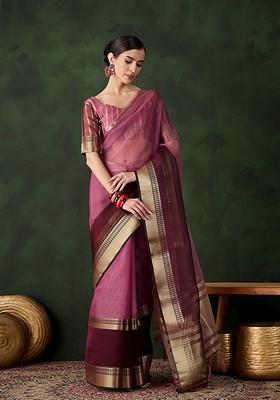 Purple Organza Poly Blend Sarees