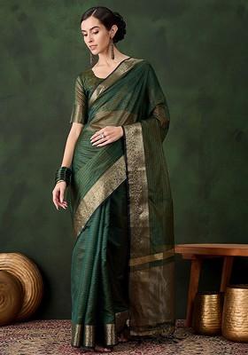 Green Organza Poly Blend Sarees