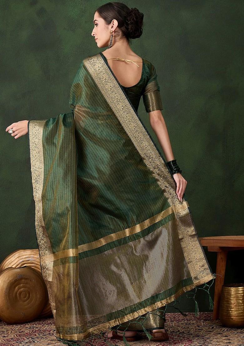 Green Organza Poly Blend Sarees