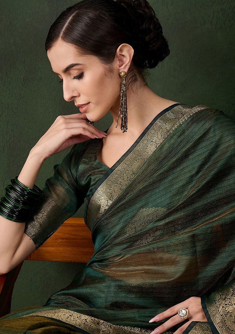 Green Organza Poly Blend Sarees