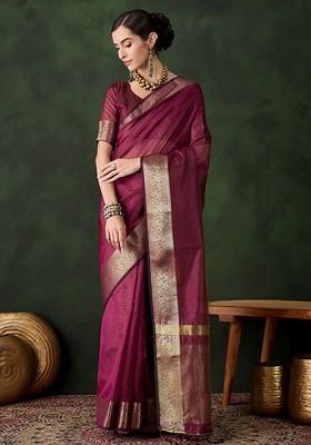 Pink Organza Poly Blend Sarees