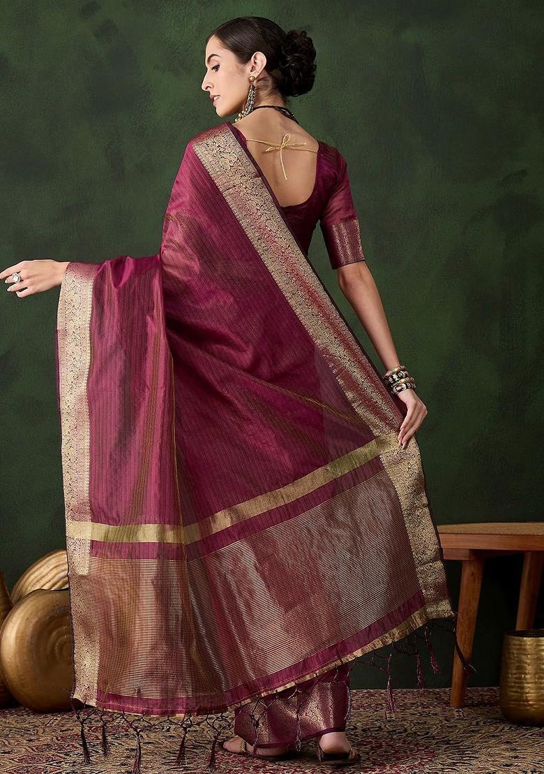 Pink Organza Poly Blend Sarees