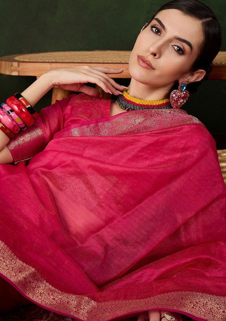 Pink Organza Poly Blend Sarees