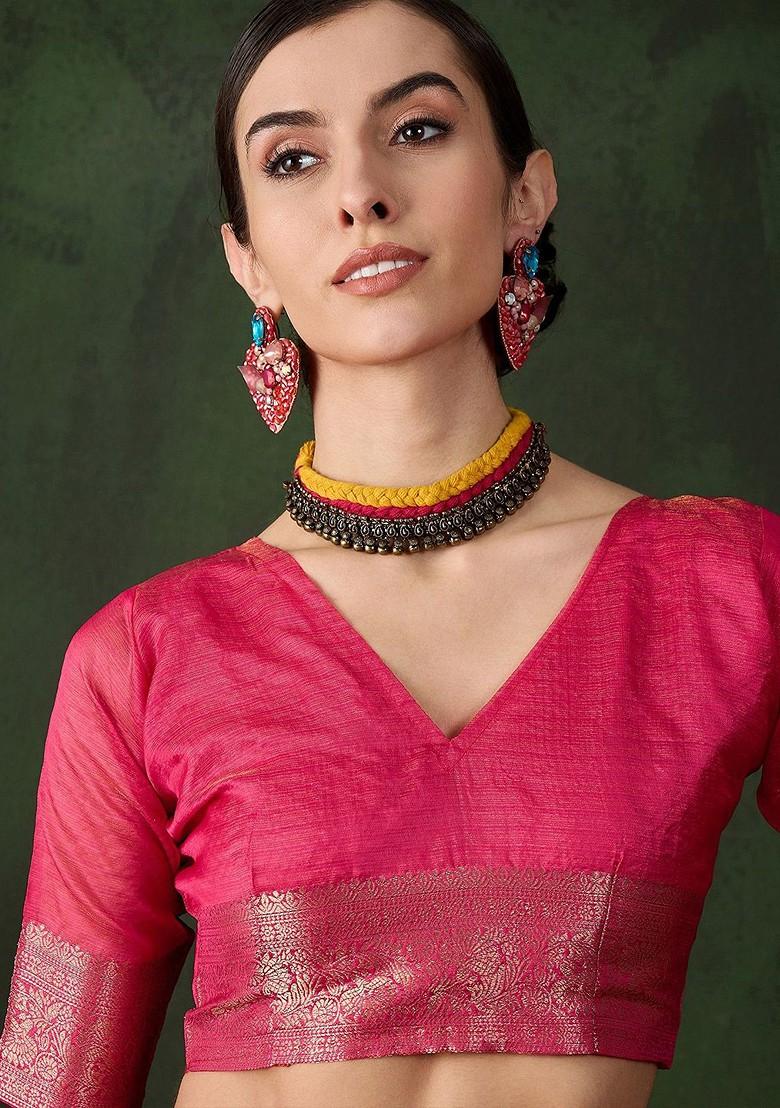 Pink Organza Poly Blend Sarees