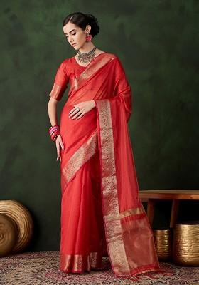 Red Organza Poly Blend Sarees