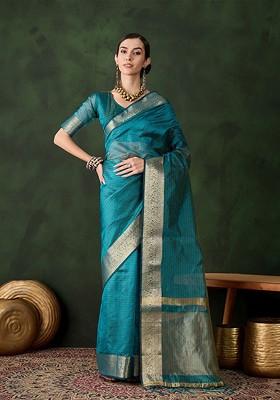 Green Organza Poly Blend Sarees