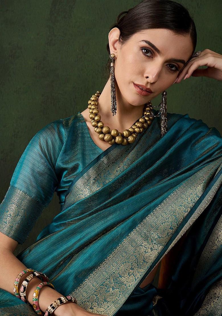 Green Organza Poly Blend Sarees