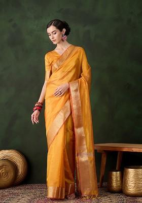 Yellow Organza Poly Blend Sarees