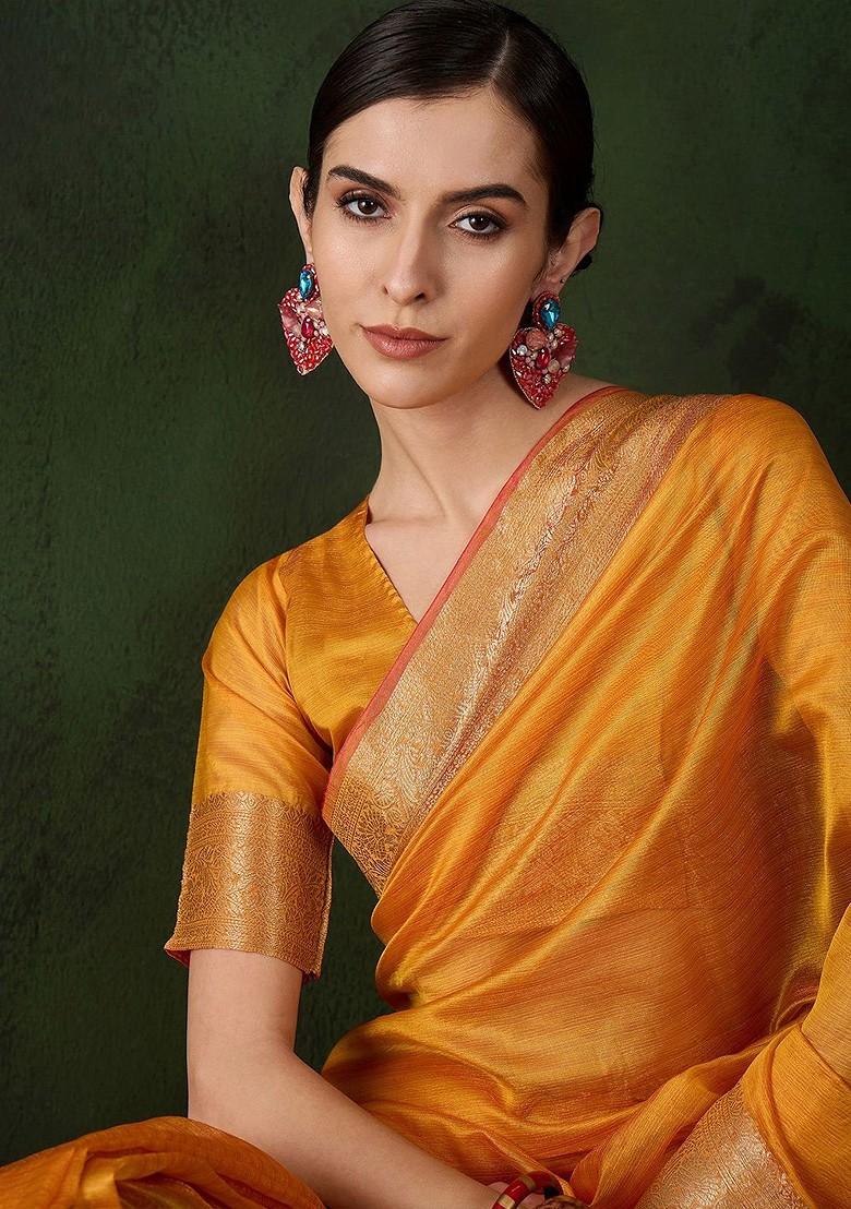 Yellow Organza Poly Blend Sarees