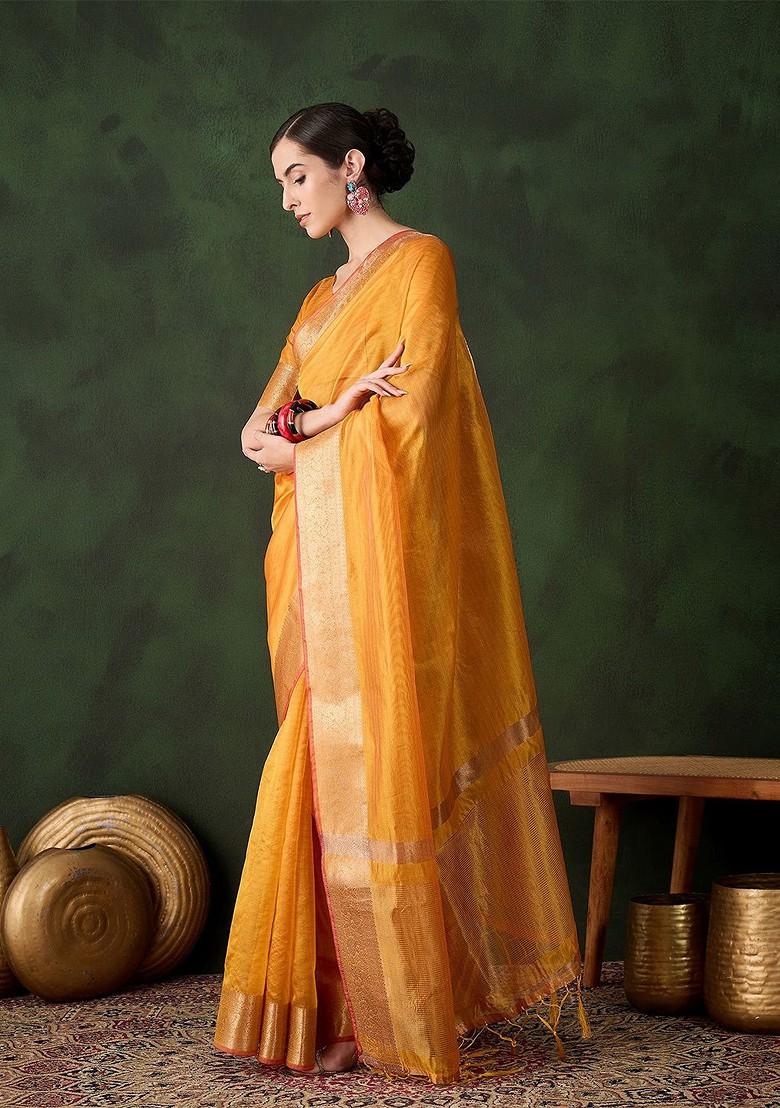 Yellow Organza Poly Blend Sarees