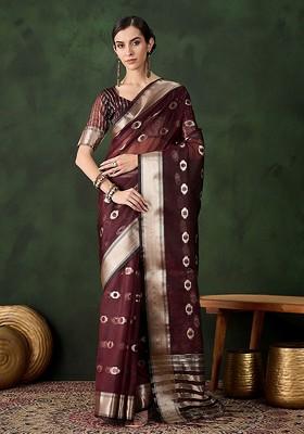 Maroon Organza Poly Blend Sarees