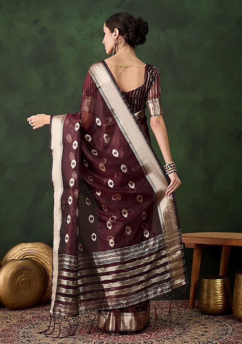 Maroon Organza Poly Blend Sarees