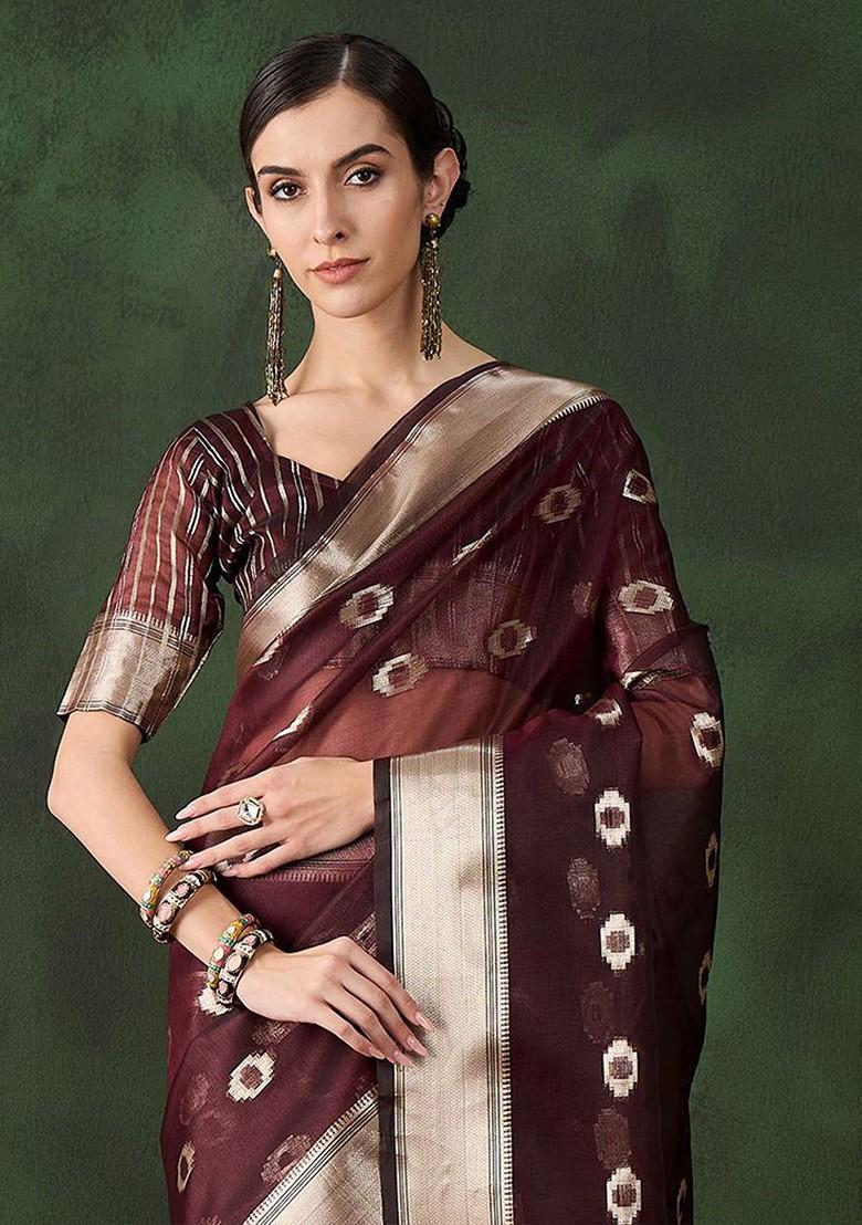 Maroon Organza Poly Blend Sarees