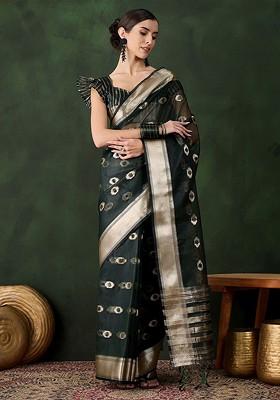 Green Organza Poly Blend Sarees