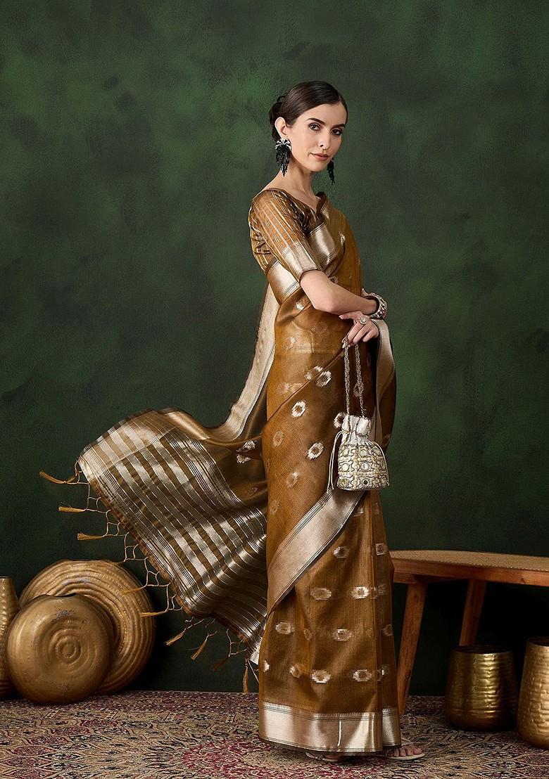 Yellow Organza Poly Blend Sarees