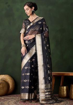 Blue Organza Poly Blend Sarees