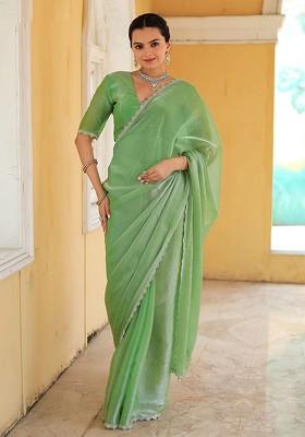 Green Organza Poly Blend Sarees