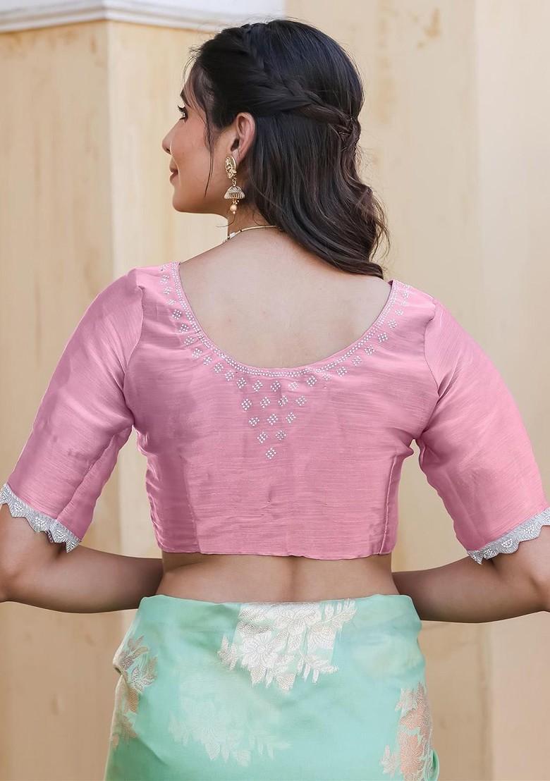 Pink Organza Poly Blend Sarees