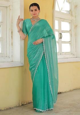 Green Organza Poly Blend Sarees
