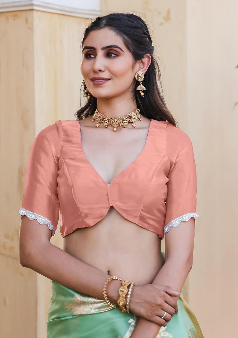 Peach Organza Poly Blend Sarees