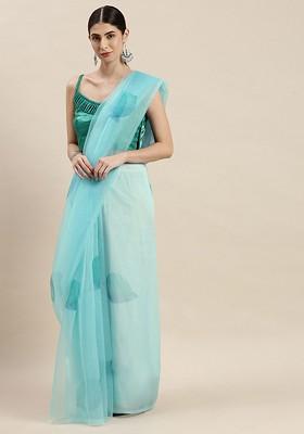 Blue Organza Poly Blend Sarees