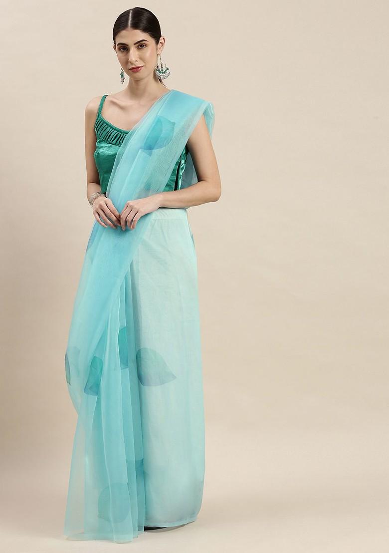 Blue Organza Poly Blend Sarees