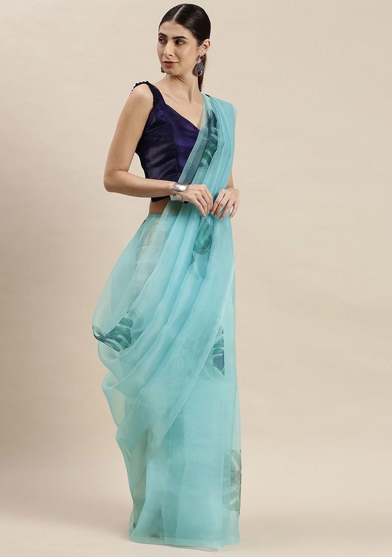Blue Organza Poly Blend Sarees