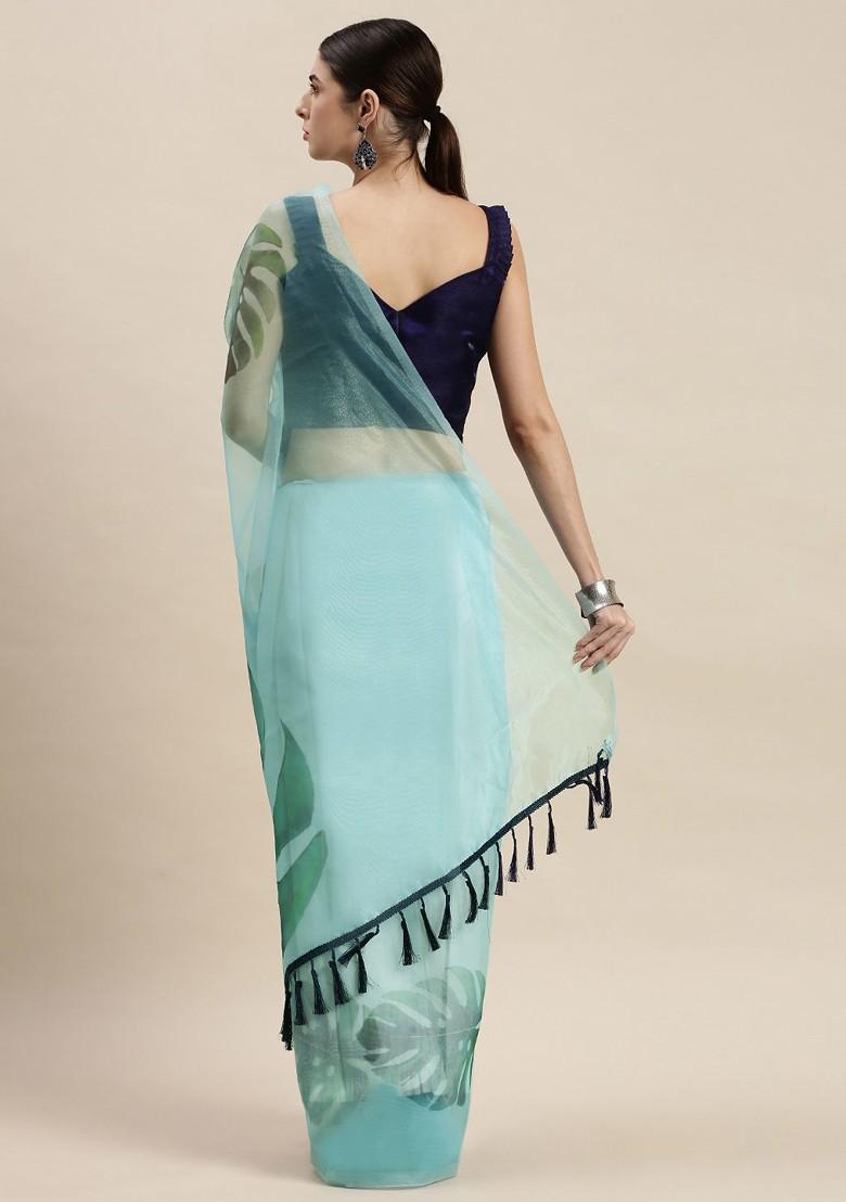 Blue Organza Poly Blend Sarees