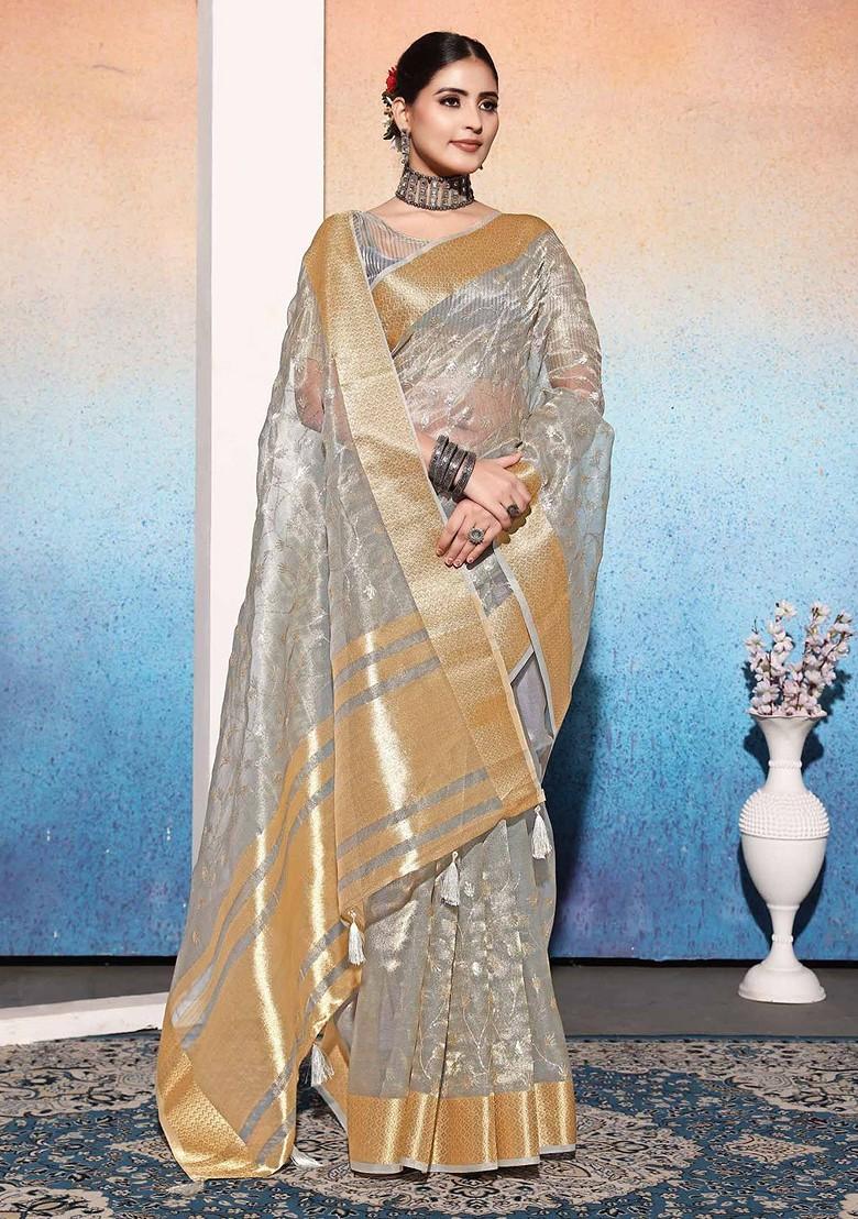 Grey Embroidered Poly Blend Sarees