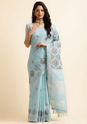 Blue Embroidered Poly Blend Sarees