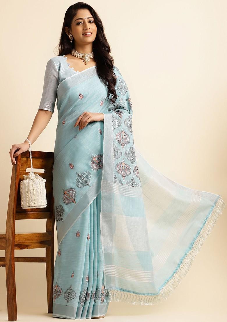 Blue Embroidered Poly Blend Sarees