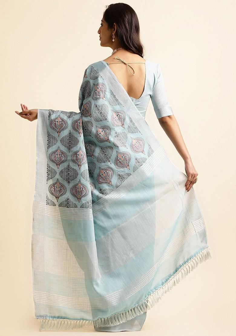 Blue Embroidered Poly Blend Sarees