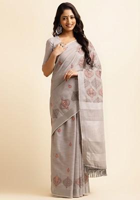 Grey Embroidered Poly Blend Sarees
