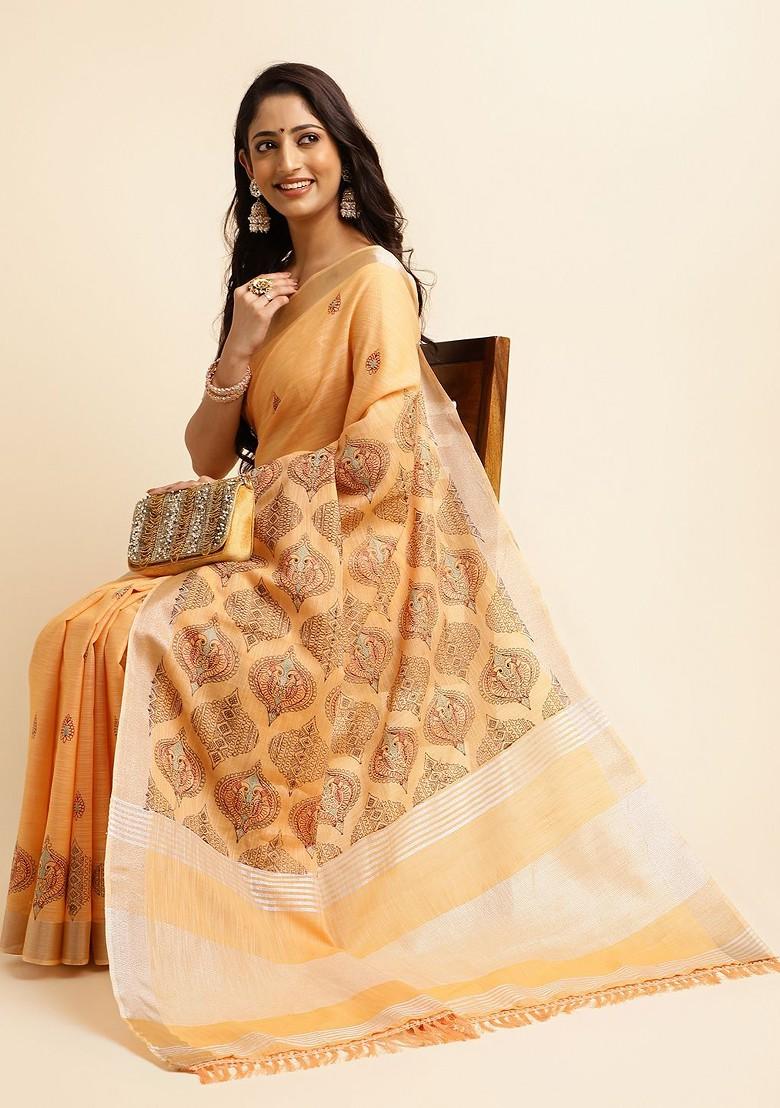 Orange Embroidered Poly Blend Sarees