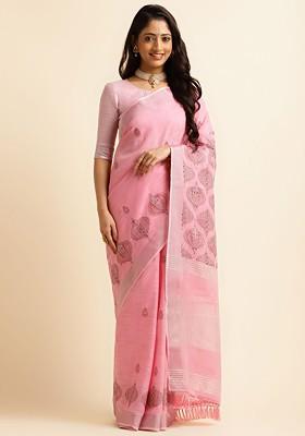 Pink Embroidered Poly Blend Sarees