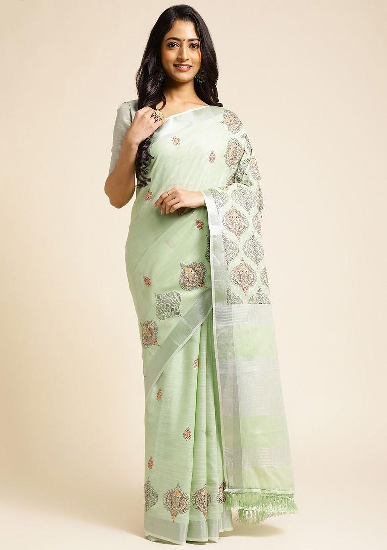 Green Embroidered Poly Blend Sarees
