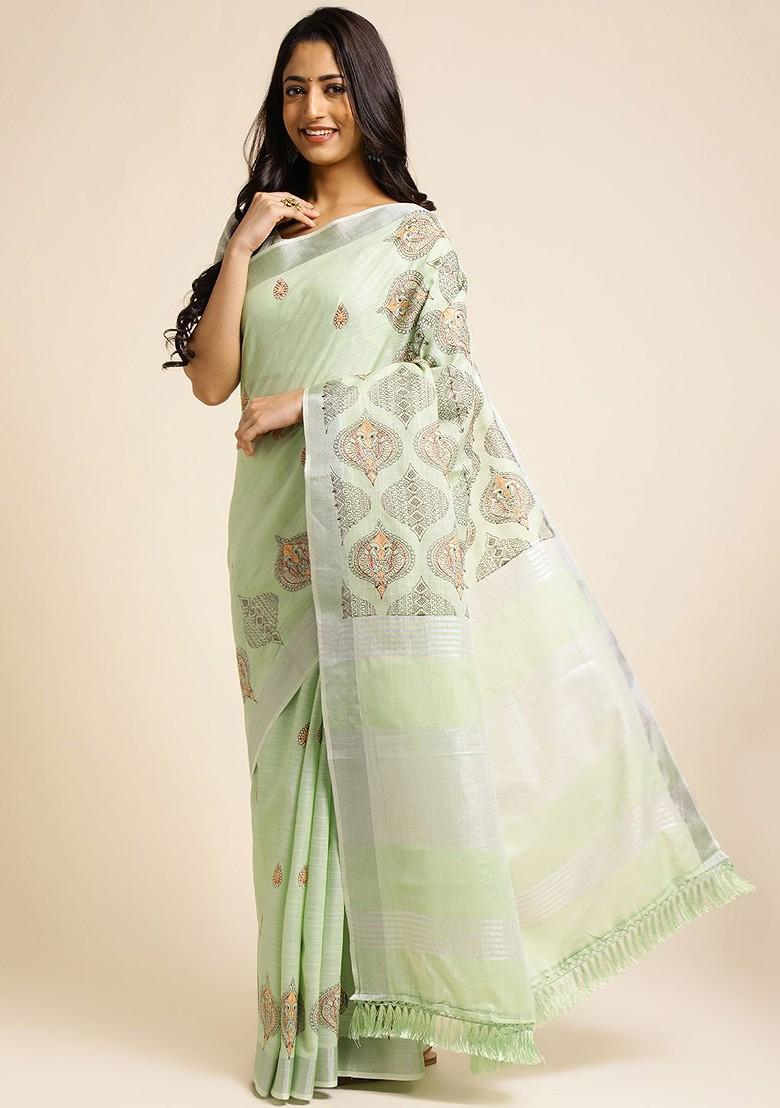 Green Embroidered Poly Blend Sarees