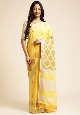 Yellow Embroidered Poly Blend Sarees