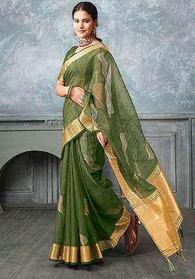 Green Embroidered Poly Blend Sarees