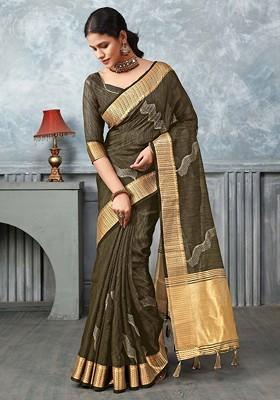 Green Embroidered Poly Blend Sarees