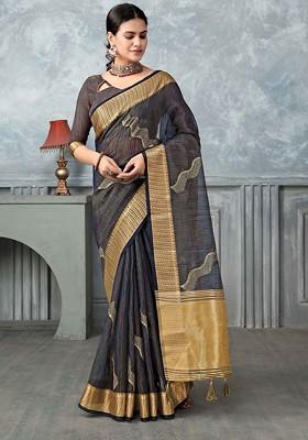 Blue Embroidered Poly Blend Sarees