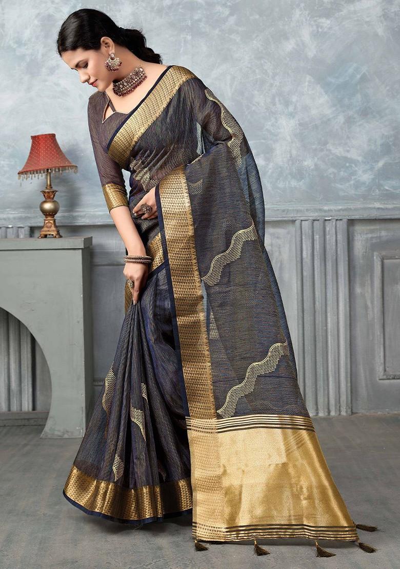 Blue Embroidered Poly Blend Sarees