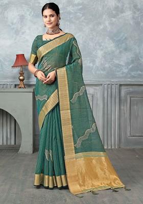 Green Embroidered Poly Blend Sarees