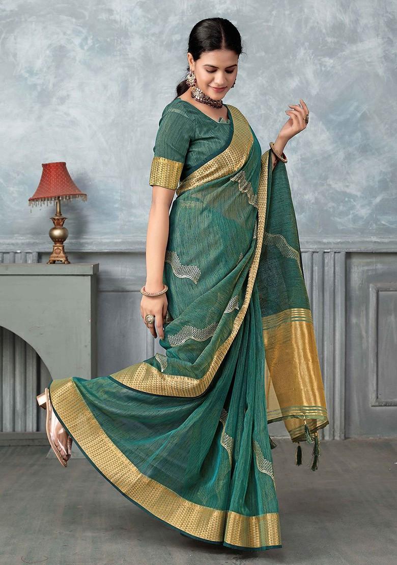 Green Embroidered Poly Blend Sarees